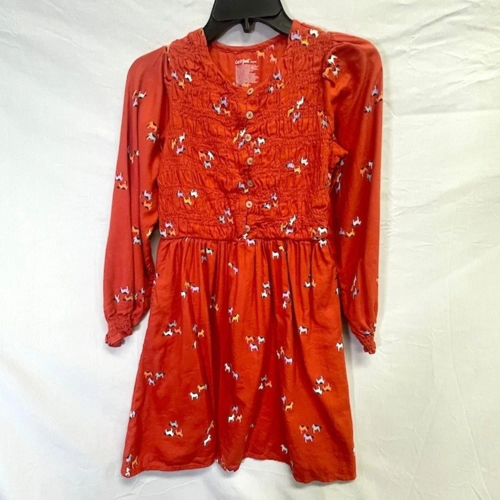 Cat & Jack Rust Orange Smocked Horse Pony Long Sleeved Girl's Dress XL 14